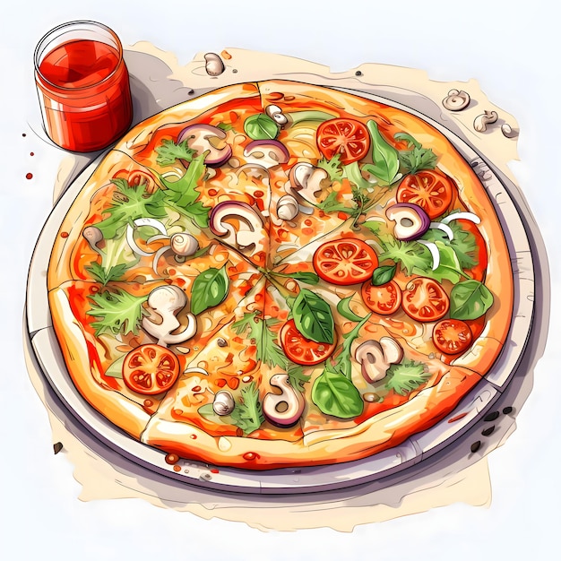 Round pizza with cheese ham salami basil tomatoes mushrooms onions spices on a wooden kitchen board Top view of the illustration