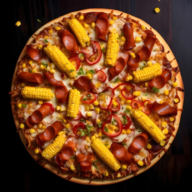 Round pizza with cheese ham sausage corn spices on a wooden kitchen board Decorations of vegetables and spices all around Top view