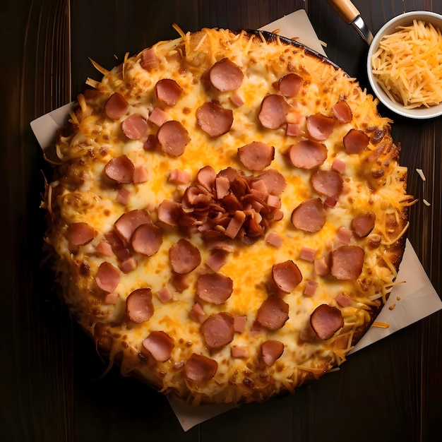 Round pizza with cheese ham spices on a plate Top view