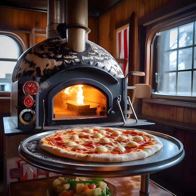 Round pizza with cheese ham tomatoes spices Side view In the background is the oven