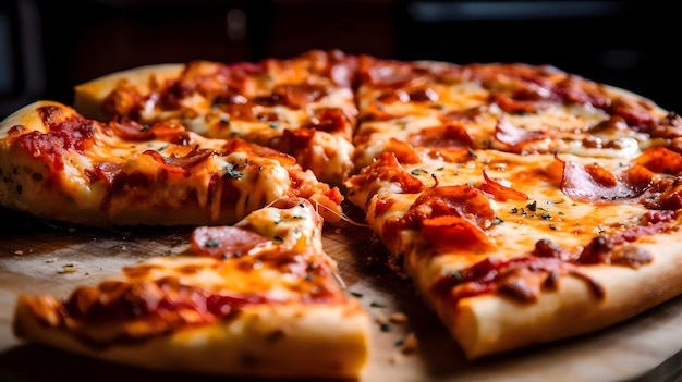 木製のキッチン ボードにチーズ肉サラミ スパイスを添えた丸いピザ 側面図