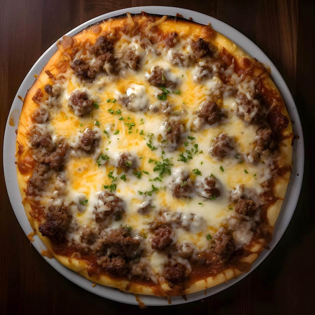 Round pizza with cheese meat spices on a plate Top view