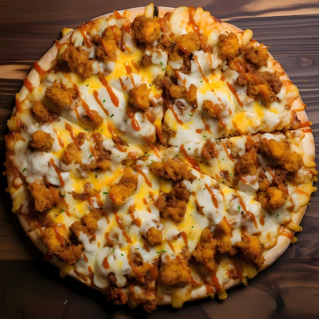 木製のキッチン ボードにチーズ ソース チキン スパイスを添えた丸いピザ上面図