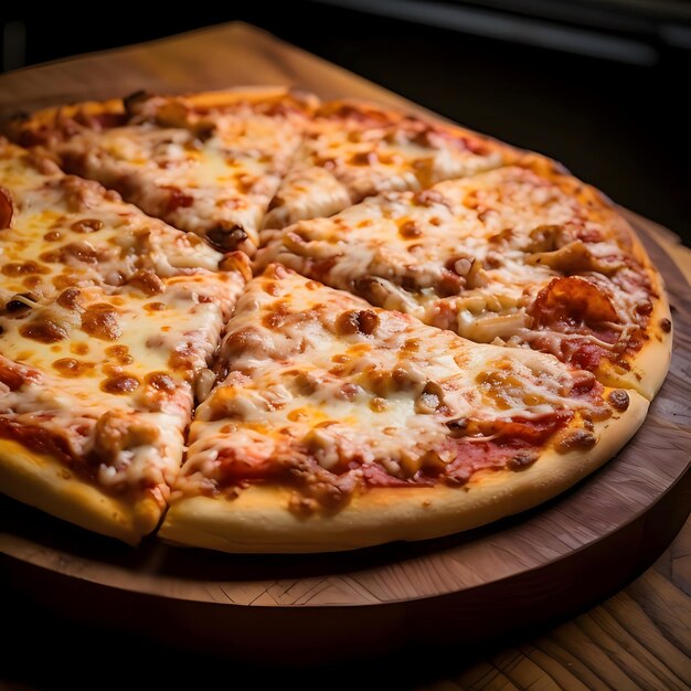 Round pizza with cheese spices on a wooden kitchen board side view dark background