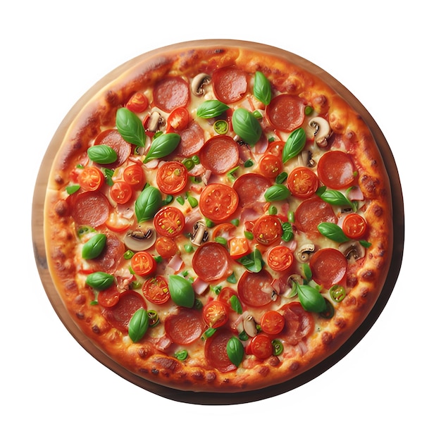 Round Pizza with toppings on a white background