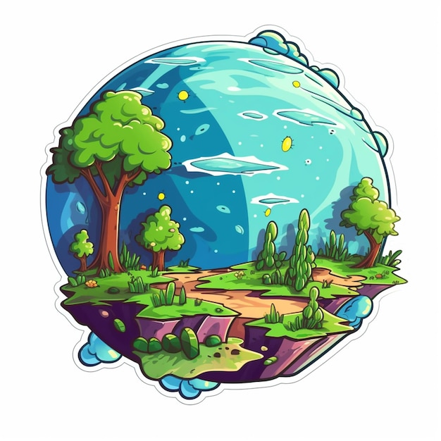 A round planet with trees and clouds