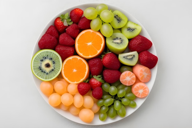 Round plate of different fruits top view