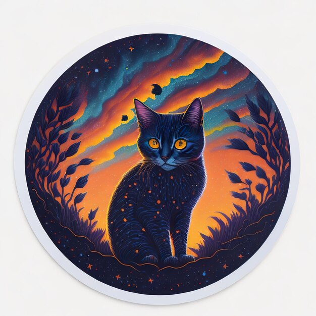 A round plate with a black cat on it that says " blue cat ".