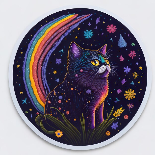 A round plate with a cat and a rainbow on it.