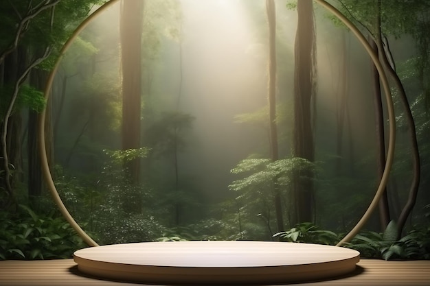 a round platform in a forest with a round bed and a round platform