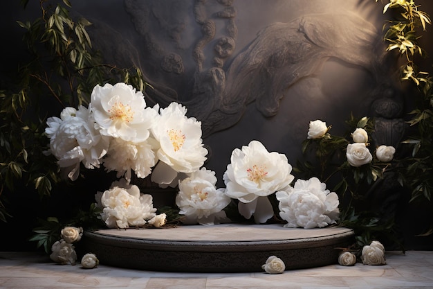 round platform podium with gentle white flowers on dark rock background template for montage