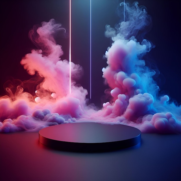 A round platform with smoke and neon lights on a dark background