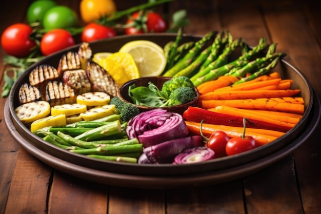 A round platter loaded with colorful grilled veggies under natural light