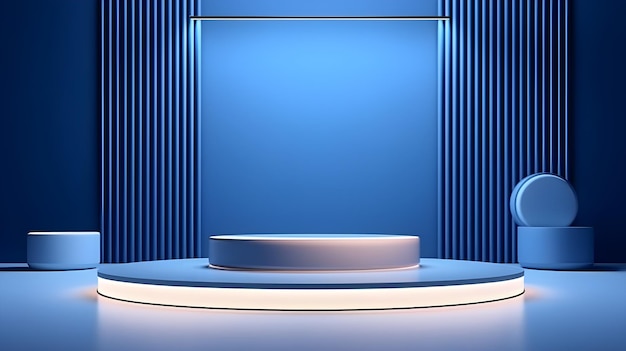 A round podium in a blue room with a white circle on the top.