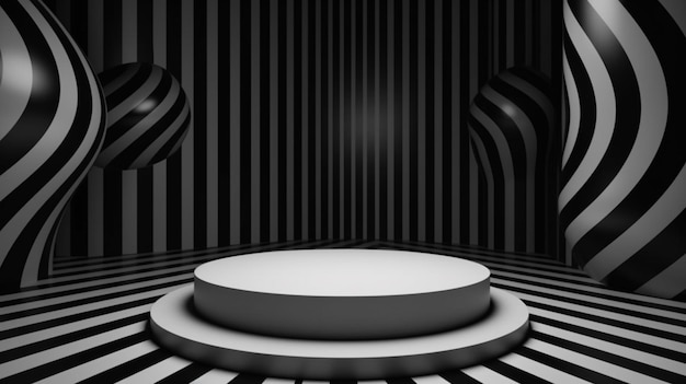 A round podium in a dark room with a black and white striped background.