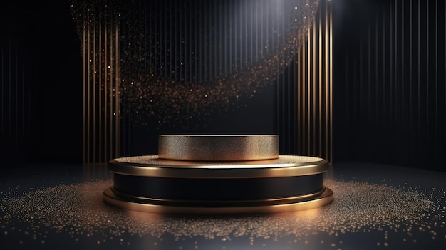 A round podium on a dark stage with gold glitter on the floor.