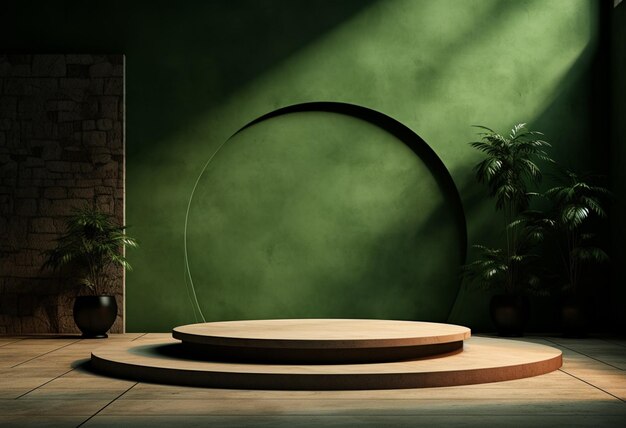 round podium in front of green light image in the style of minimalist staging installationbased playing with light and shadow