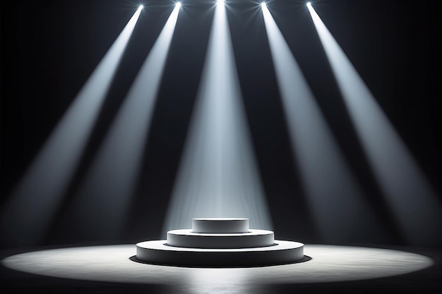 Round podium illuminated by searchlights