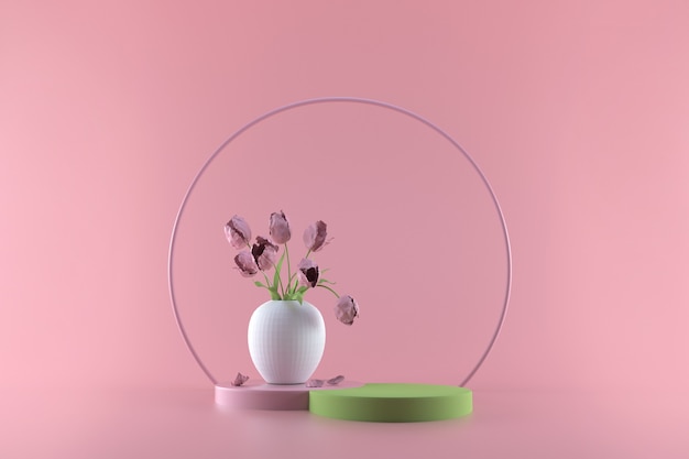 Round podium on pink pastel. Elegant white vase with flowers on round pedestal. 3d render illustration.