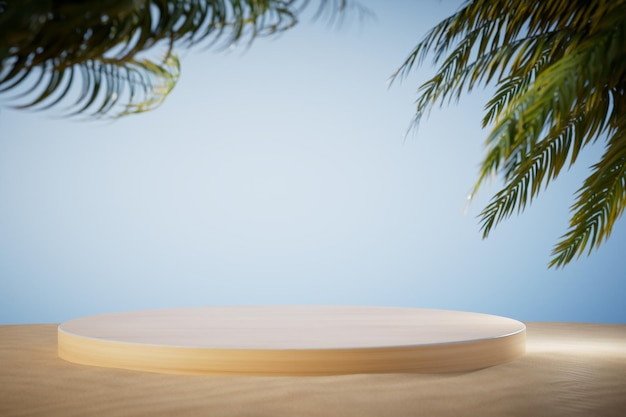 ヤシの木が茂る砂浜を背景に商品やテキストを配置する円形の表彰台