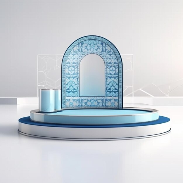 round podium for product presentation inside a modern mosque islamic pattern decorations