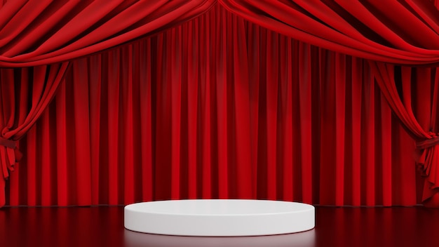 Round podium on stage theater or opera with red curtain 3D rendering