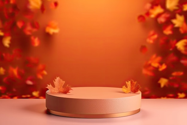 round podium with autumn leaves on background for product presentation