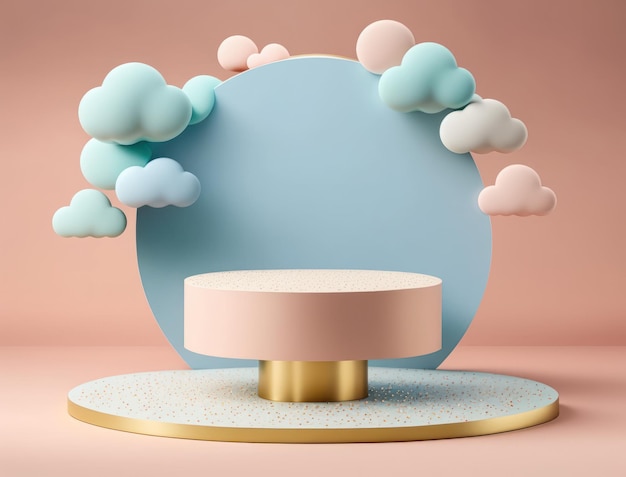 Round podium with clouds and circles created with Generative AI technology