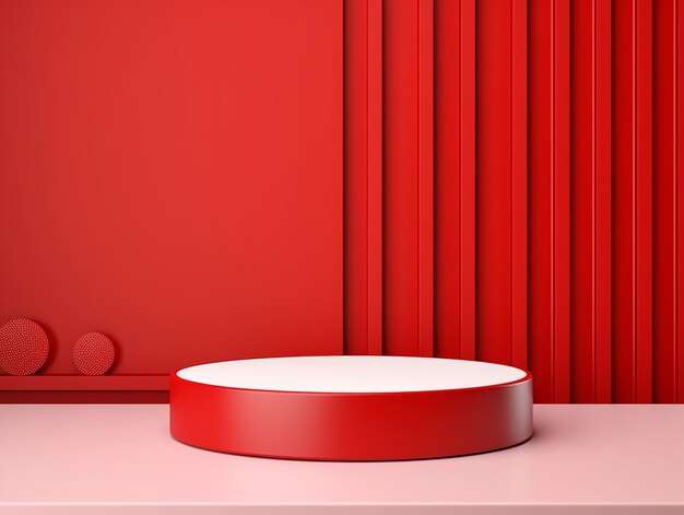 Round podium with gift box for Valentine's day on red background with linear graphics generated ai