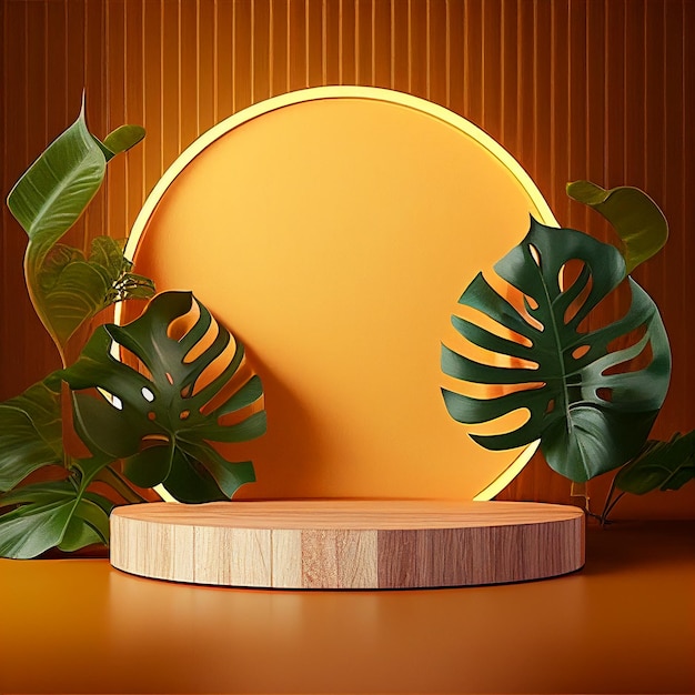 A round podium with a leafy plant in the middle.