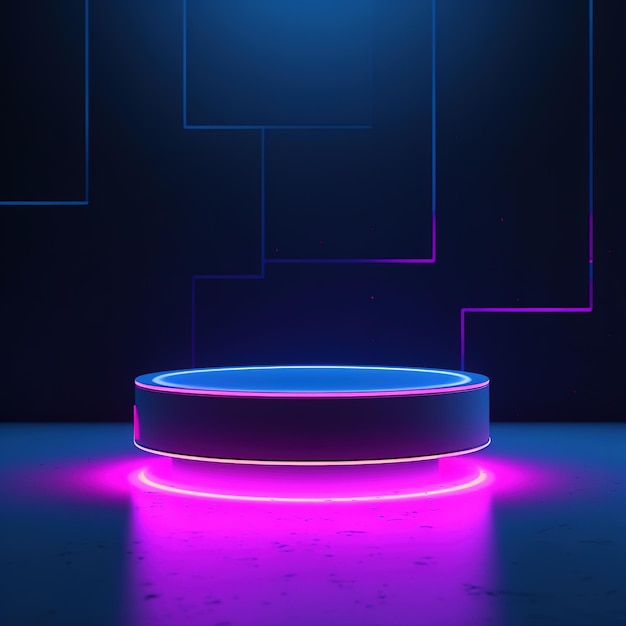 A round podium with neon lights on it and a purple circle in the background.