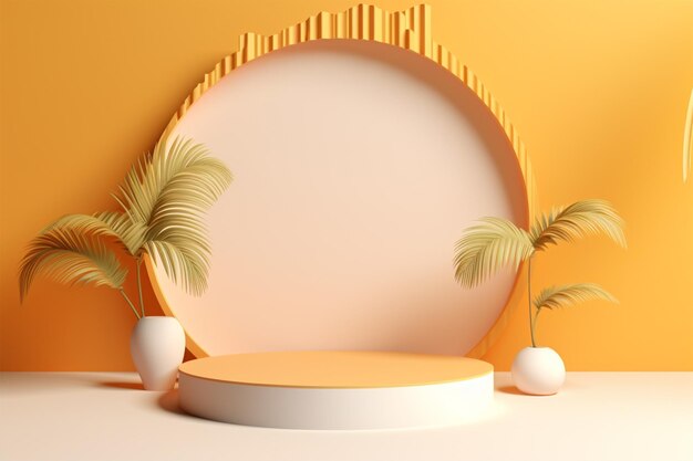 A round podium with palm leaves in front of a yellow wall.