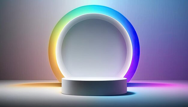 A round podium with a rainbow light on it.