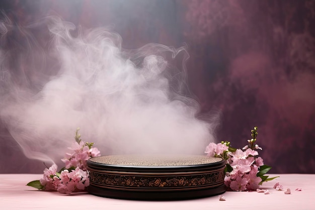 Photo round podium with smoke on nowruz flower background high quality photos no text on images