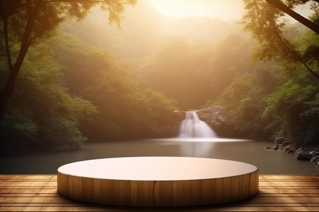 滝を背景にした木製のプラットフォーム上の丸い表彰台