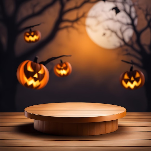 Round podium on wooden table with blurred Halloween background Ai Generated