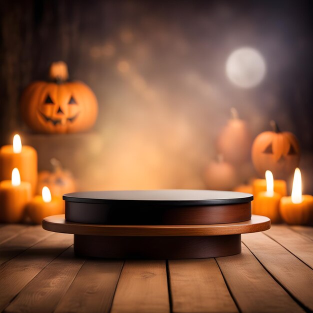 Round podium on wooden table with blurred Halloween background Ai Generated