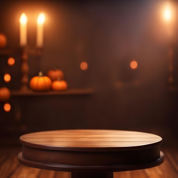 Round podium on wooden table with blurred Halloween background Ai Generated