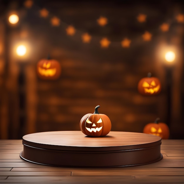 Round podium on wooden table with blurred Halloween background Ai Generated