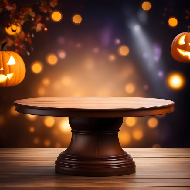 Round podium on wooden table with blurred Halloween background Ai Generated