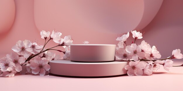 Round podiums with tender flowers and geometric shapes Product display on pastel pink background for presentation beauty products Scene stage showcase for cosmetics and promotion sale