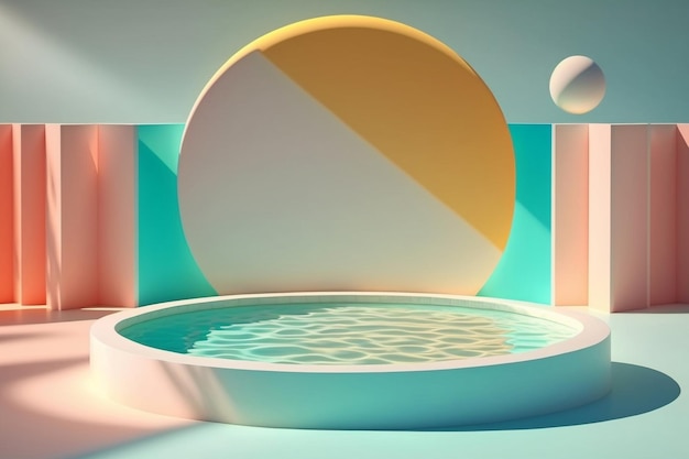 丸いプールと後ろの幾何学的構造の装飾 背景テンプレート ジェネレーティブ AI