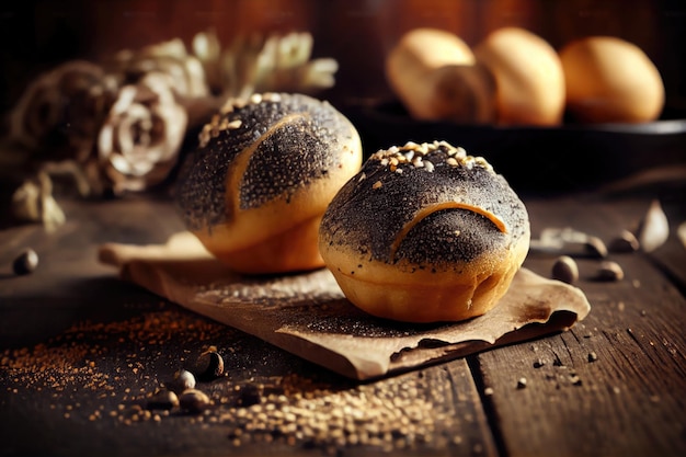 Round poppy seed buns lying on table in section