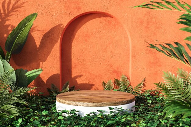 Round product stand near green leaves 3d render