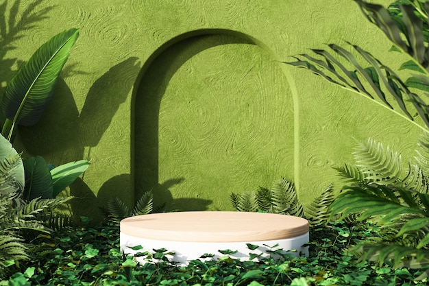 Round product stand near green leaves 3d render