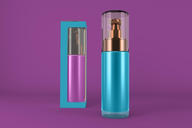 Photo round pump bottles with a box front side isolated in purple background