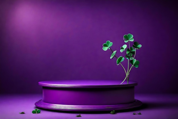 Round purple podium close shot iridescent background studio with clover