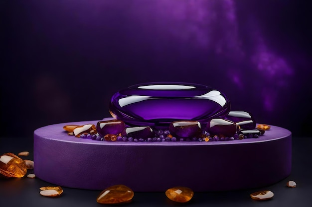 Round purple stone cosmetic podium composition with amber in the photo studio