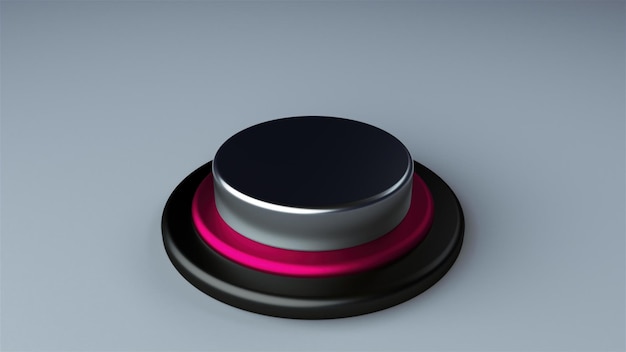 Foto pulsante rotondo delimitato da un oggetto ad anello metallico per lo sfondo del rendering 3d di design