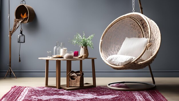 A round rattan chair with a white cushion sits on a red rug in front of a grey wall.